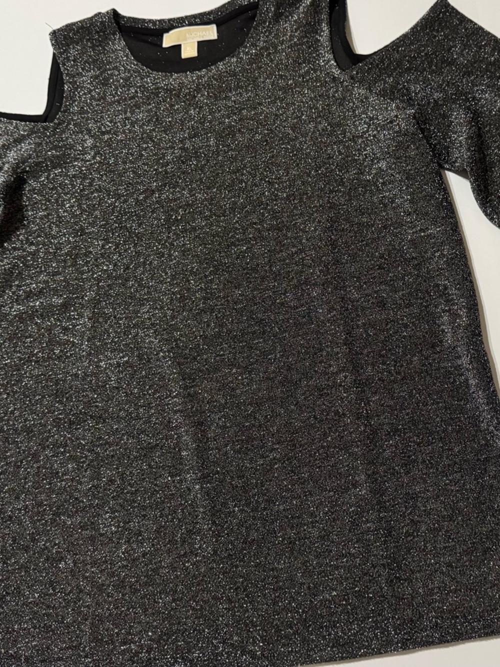 Michael Kors Shimmer Cold Shoulder Top XL Black Silver Long Sleeve - Picture 6 of 10